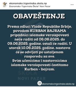 Zvanično praznik, ali profesori na poslu: Apsurd u školama Novog Pazara za Kurban-bajram Zvanično praznik, ali profesori na poslu: Apsurd u školama Novog Pazara za Kurban-bajram