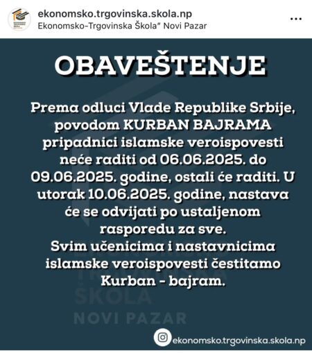 Zvanično praznik, ali profesori na poslu: Apsurd u školama Novog Pazara za Kurban-bajram Zvanično praznik, ali profesori na poslu: Apsurd u školama Novog Pazara za Kurban-bajram