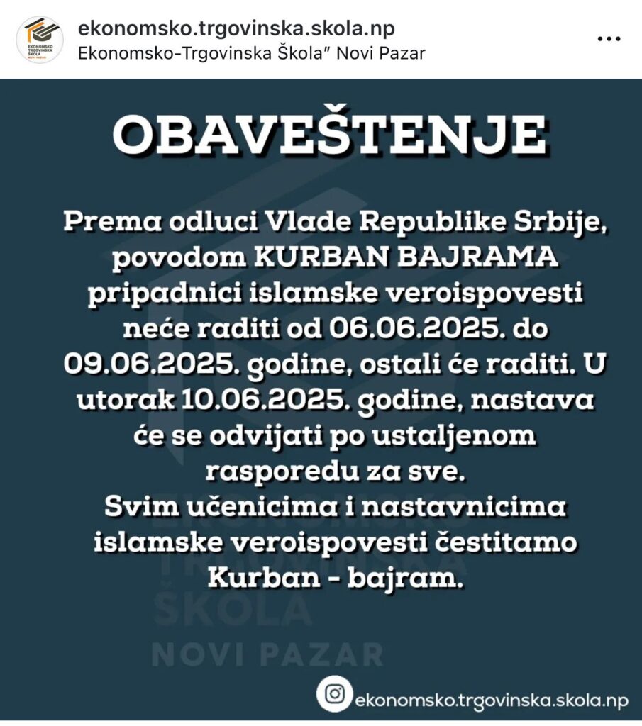 Zvanično praznik, ali profesori na poslu: Apsurd u školama Novog Pazara za Kurban-bajram