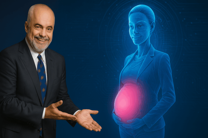 Albanski premijer Edi Rama pored hologramske AI ministarke Diella sa svjetlećim trbuhom – simbol digitalne trudnoće sa 83 asistenta.