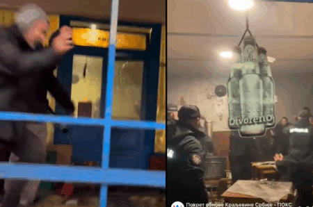 KAO NA DIVLJEM ZAPADU, OPŠTA TUČA U MIONICI! Blokaderi pokušali da upadnu u kafanu i napadnu pristalice SNS! (VIDEO)